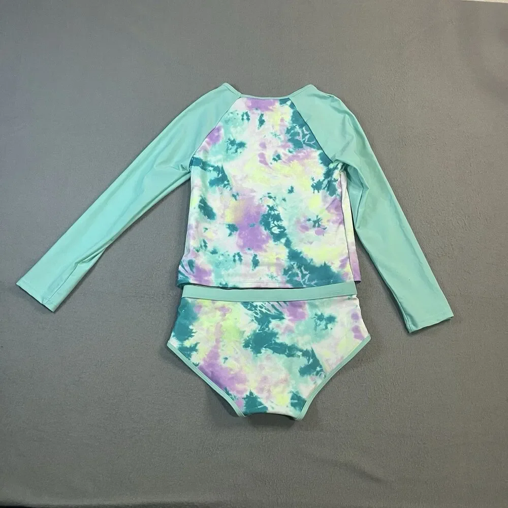 Justice Girls Tie Dye Green Purple Rashguard 2PC Swimsuit Youth Size L 12/14